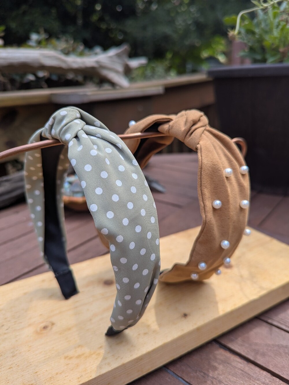2 Knot Headband Bundle | Sage Green Polka Dot & Camel Pearl Headbands